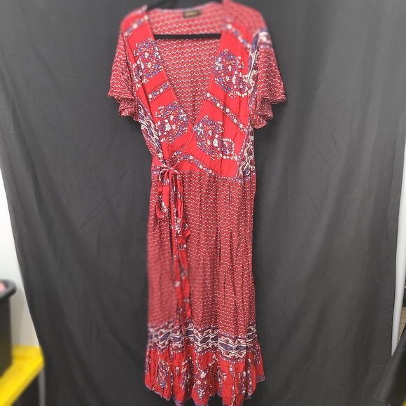 Reborn Dress Floral Wrap Short Sleeve Long Dress Ruffle Red/Navy/White Size 1X - Picture 1 of 6